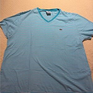 Lacoste Men's Aqua and White Striped V-Neck Tee
